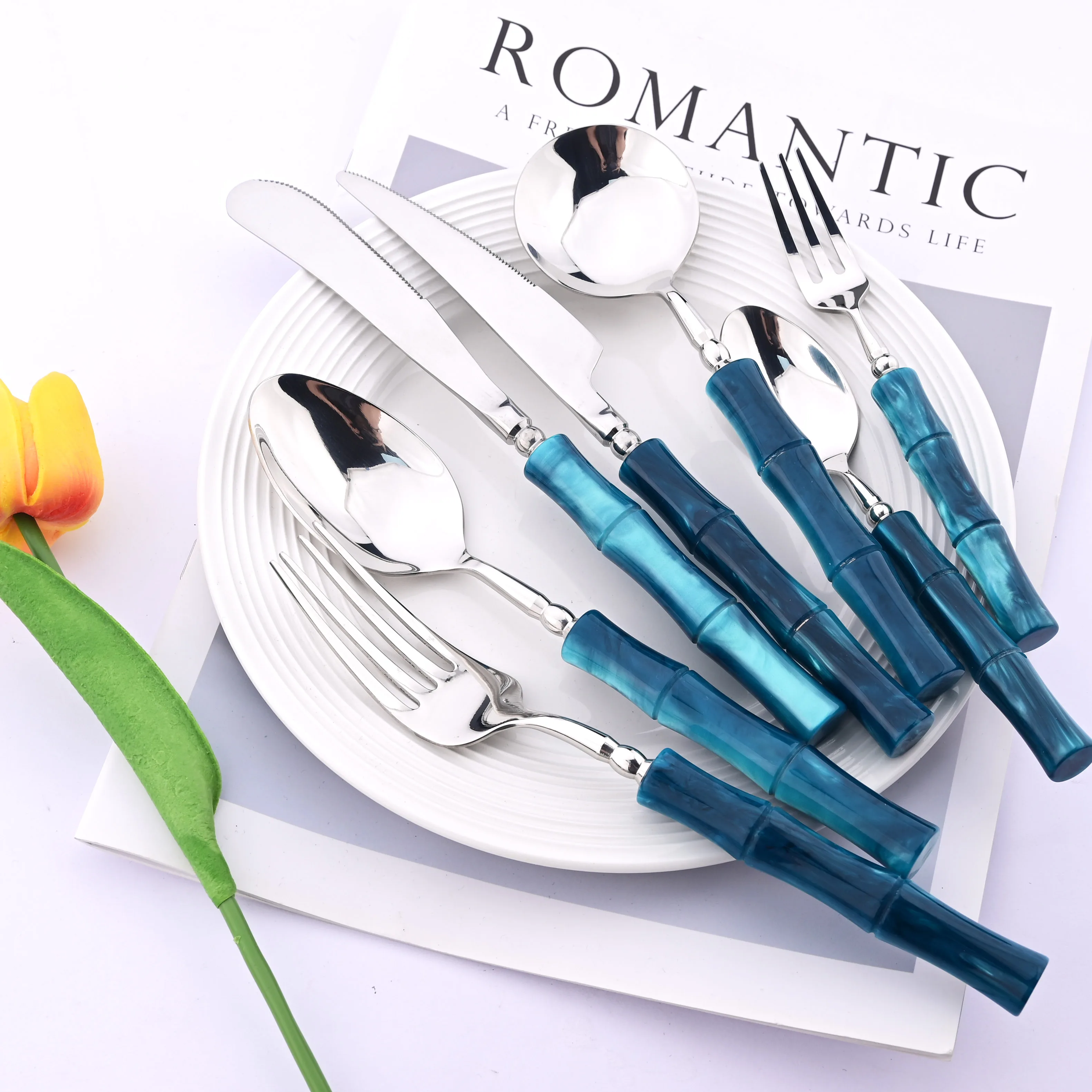 Bamboo Cutlery - Zestaw sztućców z imitacją bambusa, stal